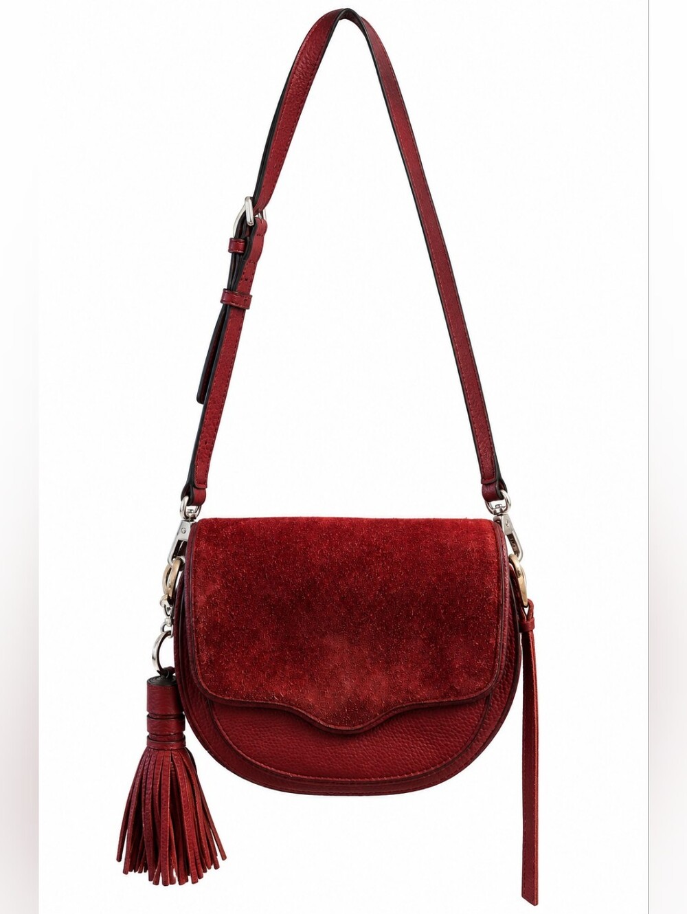 Rebecca Minkoff Burgundy Suede Leather Saddle Crossbody Tassel Bag, Equestrian